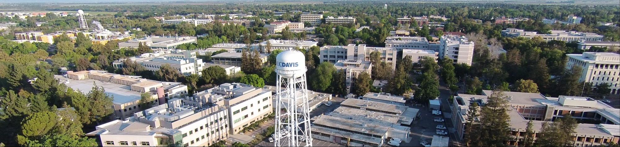 Aerial view of UC Davis watertower, with Math building at rear