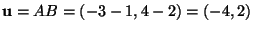 ${\bf u } = AB= ( -3-1, 4-2)= ( -4, 2) $