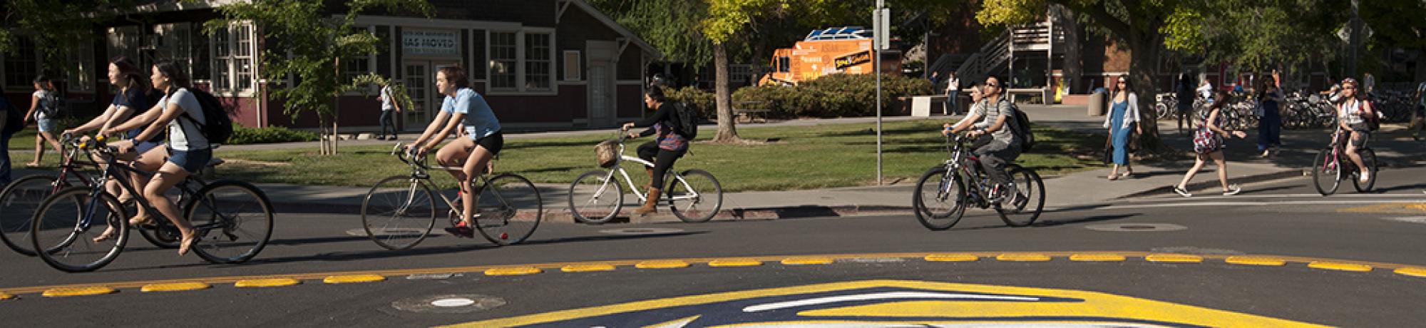 Students biking around the UCD bike circle