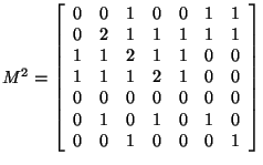 $M^2 = \left[ \begin{array}{rrrrrrr}
0&0&1&0&0&1&1\\
0&2&1&1&1&1&1\\
1&1&2...
...\\
0&0&0&0&0&0&0\\
0&1&0&1&0&1&0\\
0&0&1&0&0&0&1\\
\end{array}
\right]$