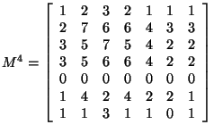 $M^4 = \left[ \begin{array}{rrrrrrr}
1&2&3&2&1&1&1\\
2&7&6&6&4&3&3\\
3&5&7...
...\\
0&0&0&0&0&0&0\\
1&4&2&4&2&2&1\\
1&1&3&1&1&0&1\\
\end{array}
\right]$