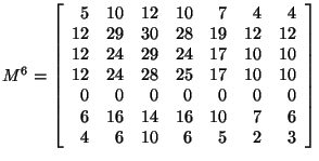 $M^6 = \left[ \begin{array}{rrrrrrr}
5&10&12&10&7&4&4\\
12&29&30&28&19&12&12...
...0&0&0&0&0&0&0\\
6&16&14&16&10&7&6\\
4&6&10&6&5&2&3\\
\end{array}
\right]$