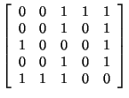 $ \left[ \begin{array}{rrrrr}
0&0&1&1&1\\
0&0&1&0&1\\
1&0&0&0&1\\
0&0&1&0&1\\
1&1&1&0&0\\
\end{array}
\right] $