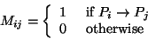 \begin{displaymath}M_{ij} = \left\{ \begin{array}{ll}
1 & \mbox{ if } P_i \rightarrow P_j \\
0 & \mbox{ otherwise }\\
\end {array}
\right.
\end{displaymath}