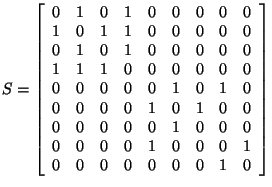 $S = \left[ \begin{array}{rrrrrrrrr}
0&1&0&1&0&0&0&0&0\\
1&0&1&1&0&0&0&0&0\\...
...&0&1&0&0&0\\
0&0&0&0&1&0&0&0&1\\
0&0&0&0&0&0&0&1&0\\
\end{array}
\right]$