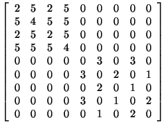 $ \left[ \begin{array}{rrrrrrrrr}
2&5&2&5&0&0&0&0&0\\
5&4&5&5&0&0&0&0&0\\
...
...&0&2&0&1&0\\
0&0&0&0&3&0&1&0&2\\
0&0&0&0&0&1&0&2&0\\
\end{array}
\right]$