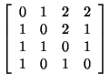 $ \left[ \begin{array}{rrrr}
0&1&2&2\\
1&0&2&1\\
1&1&0&1\\
1&0&1&0\\
\end{array}
\right]$