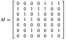 $ M=\left[ \begin{array}{rrrrrrr}
0&0&0&0&1&1&1\\
1&0&1&1&1&0&0\\
0&1&0&1&...
...\\
0&0&0&0&0&0&0\\
0&0&1&0&0&0&1\\
0&0&0&0&0&1&0\\
\end{array}
\right]$