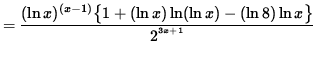 $ = \displaystyle{ ( \ln x )^{(x-1)} \big\{ 1 + (\ln x) \ln ( \ln x ) - ( \ln 8) \ln x \big\}
\over 2^{ ^{3x+1} } } $