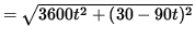 $ = \sqrt{ 3600 t^2 + (30 - 90 t )^2 } $