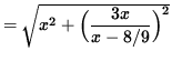 $ = \sqrt{ x^2 + \Big( \displaystyle{ 3x \over x - 8/9 } \Big)^2 } $