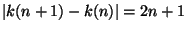 $\left\vert k(n+1) - k(n) \right\vert = 2n+1$