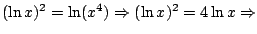 $(\ln x)^2=\ln(x^4) \Rightarrow (\ln x)^2=4\ln x \Rightarrow$