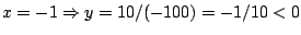 $x=-1\Rightarrow y=10/(-100)=-1/10<0$