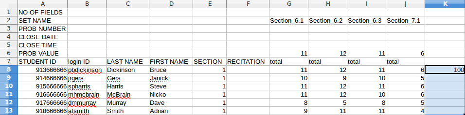 Cells in column K selected.